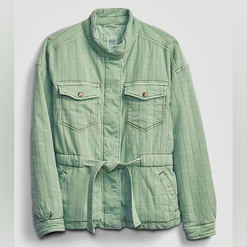 Gap Quilted Pale Green Cotton Jacket Belted Spring Coat, Women’s Size Medium